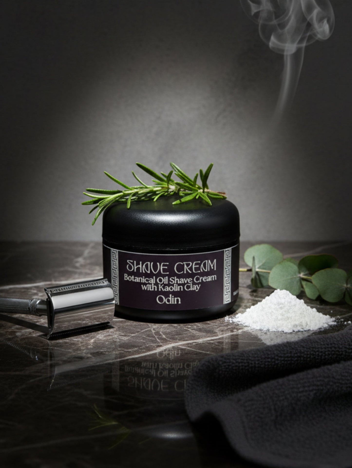 Shave Cream for Men - Odin by Hazel Glow, on a marble surface with razor and towel