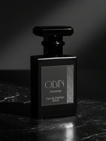 Odin men's perfume by Hazel Glow.  Black perfume bottle with black label and silver foil design