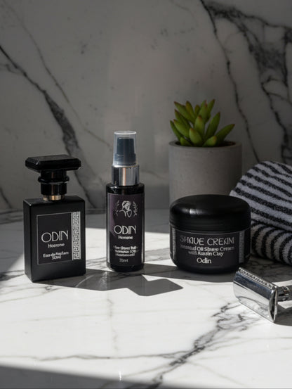 Odin Men's grooming ritual - botanical shave butter, after shave balm and vegan eau de parfum
