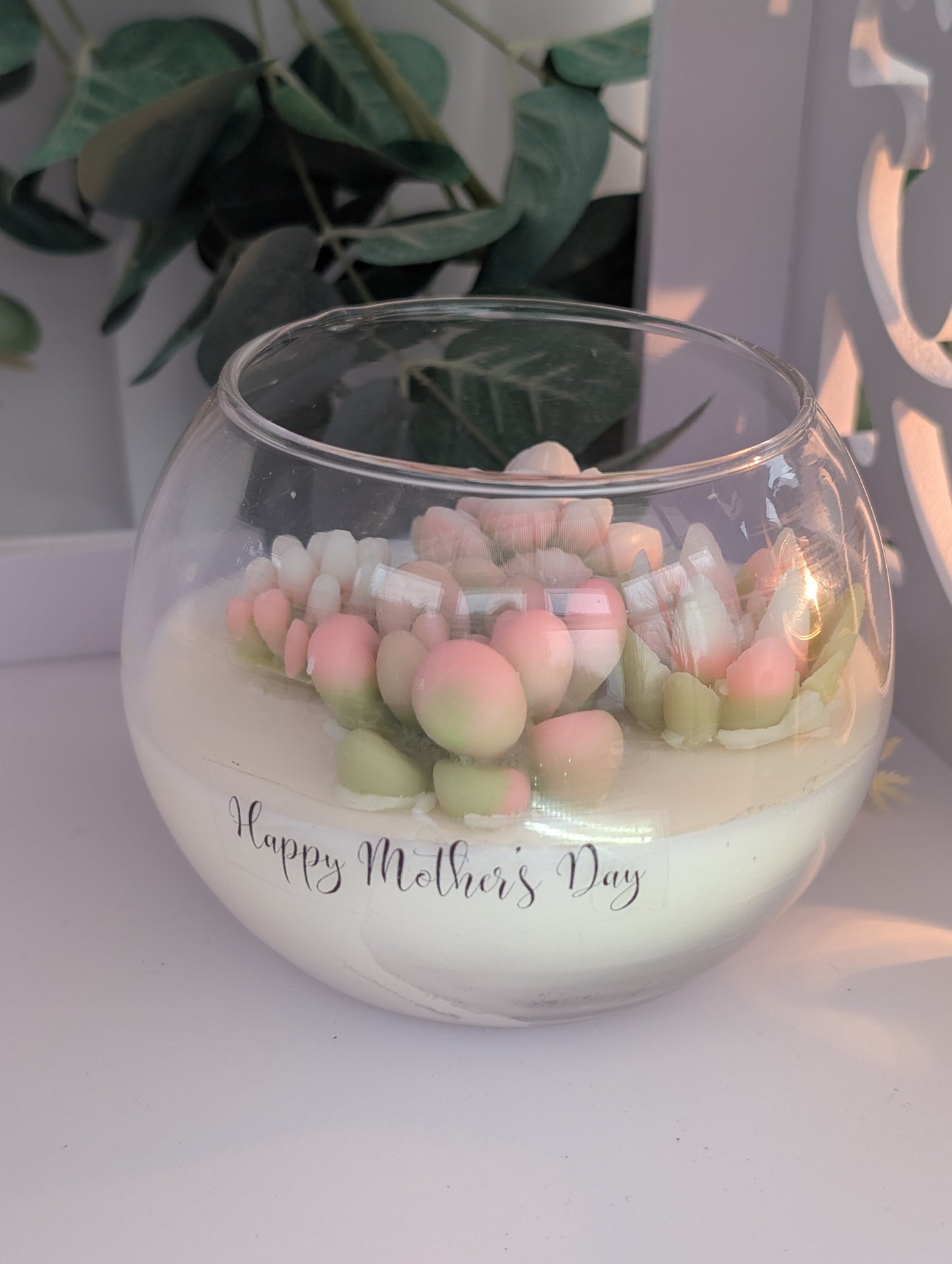 Mothers day gift ideas - stunning hand poured vegan candle in hand poured clear glass fish bowl  shaped candle container with Happy Mother's Day clear label