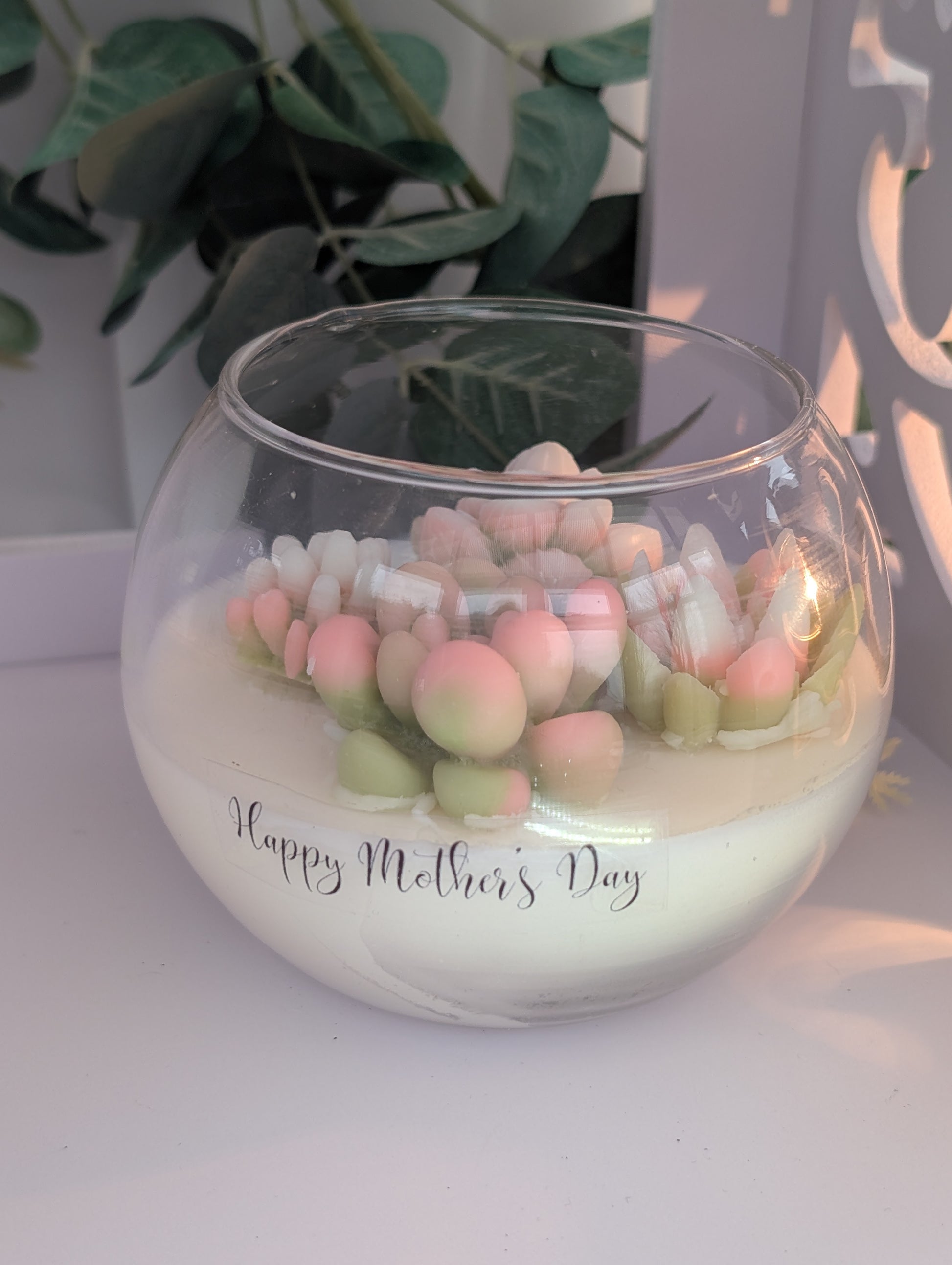 Mothers day gift ideas - stunning hand poured vegan candle in hand poured clear glass fish bowl  shaped candle container with Happy Mother's Day clear label