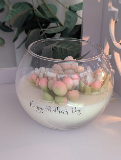 Mothers day gift ideas - stunning hand poured vegan candle in hand poured clear glass fish bowl  shaped candle container with Happy Mother's Day clear label