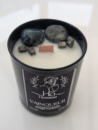 Men's Black Crystal Candle | Fougère | Labradorite, Moss Agate & Pyrite