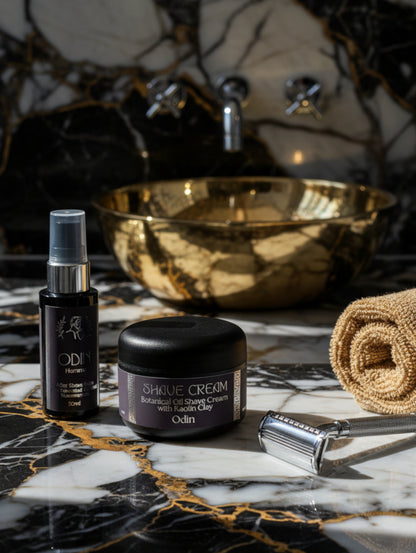 Post shave balm Odin by Hazel Glow.  Botanical oil after shave balm for men with niacinamide and allantoin.  Shown with Odin botanical oil shave butter with botanical oils and kaolin clay