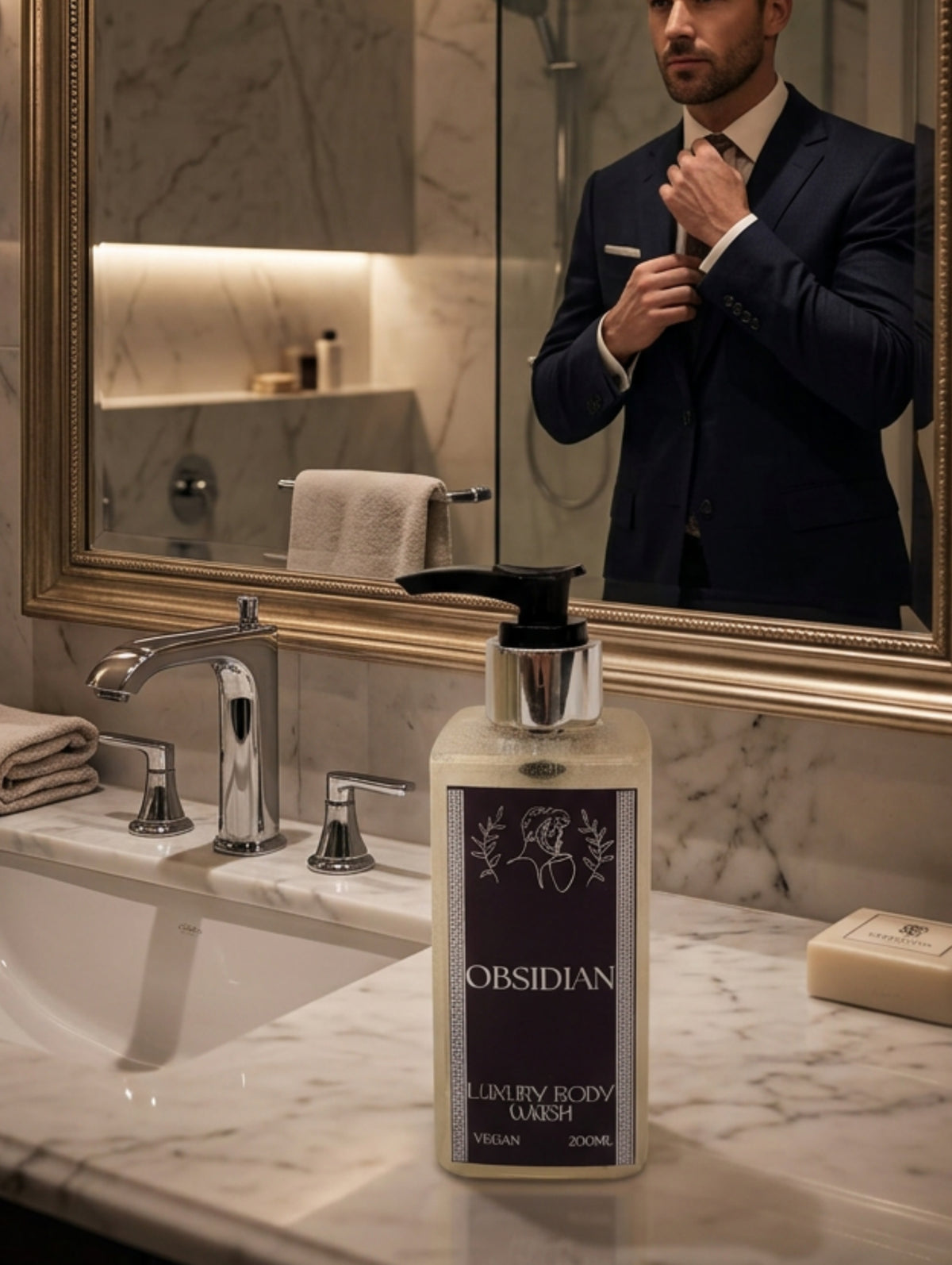OBSIDIAN Luxury men's shower gel in a clear rectangular bottle with a black pump dispenser and a black and silver foil label shown in a luxury marble bathroom
