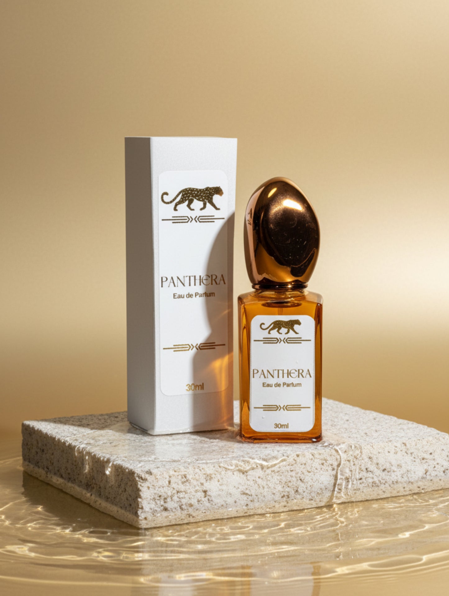 Vegan Panthera perfume 30ml on stone plinth in water