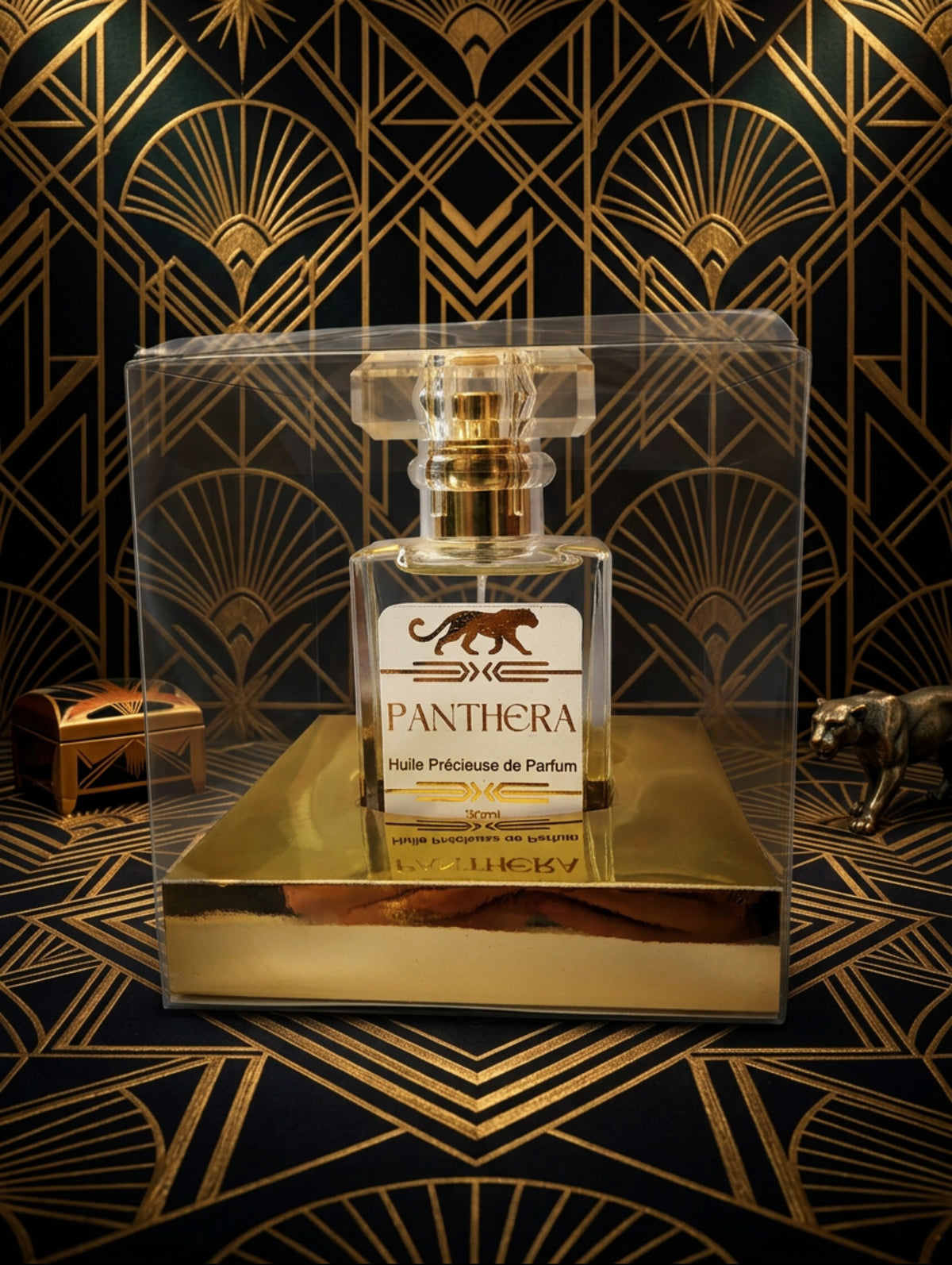Panthera spray perfume oil in clear glass bottle with gold foil design by Hazel Glow