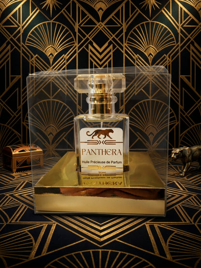 Panthera spray perfume oil in clear glass bottle with gold foil design by Hazel Glow