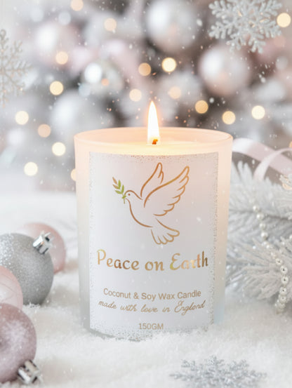 Peace on Earth Festive Candle featuring a gold or silver foiled label with dove in flight carrying an olive branch.  Vegan, cruelty free, paraben free, Hand made by Hazel Glow
