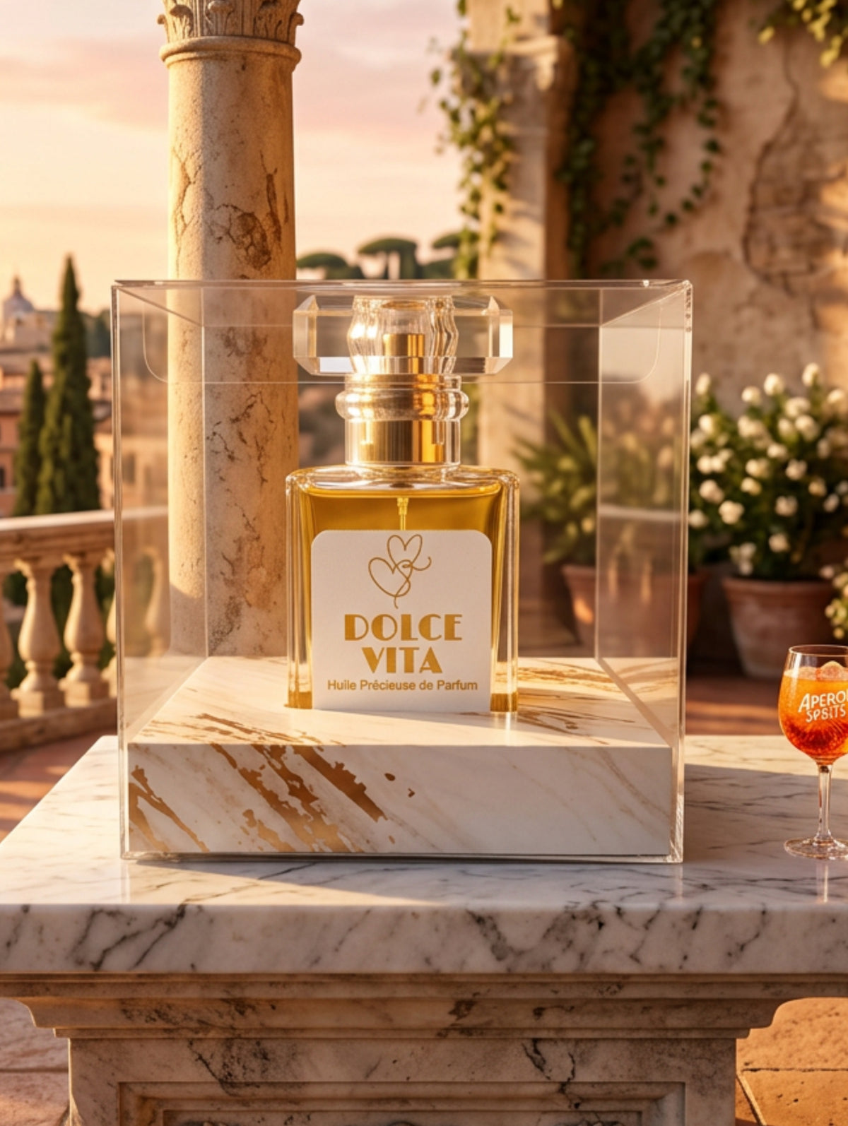 Dolce Vita spray perfume oil on  a marble base with Roman background