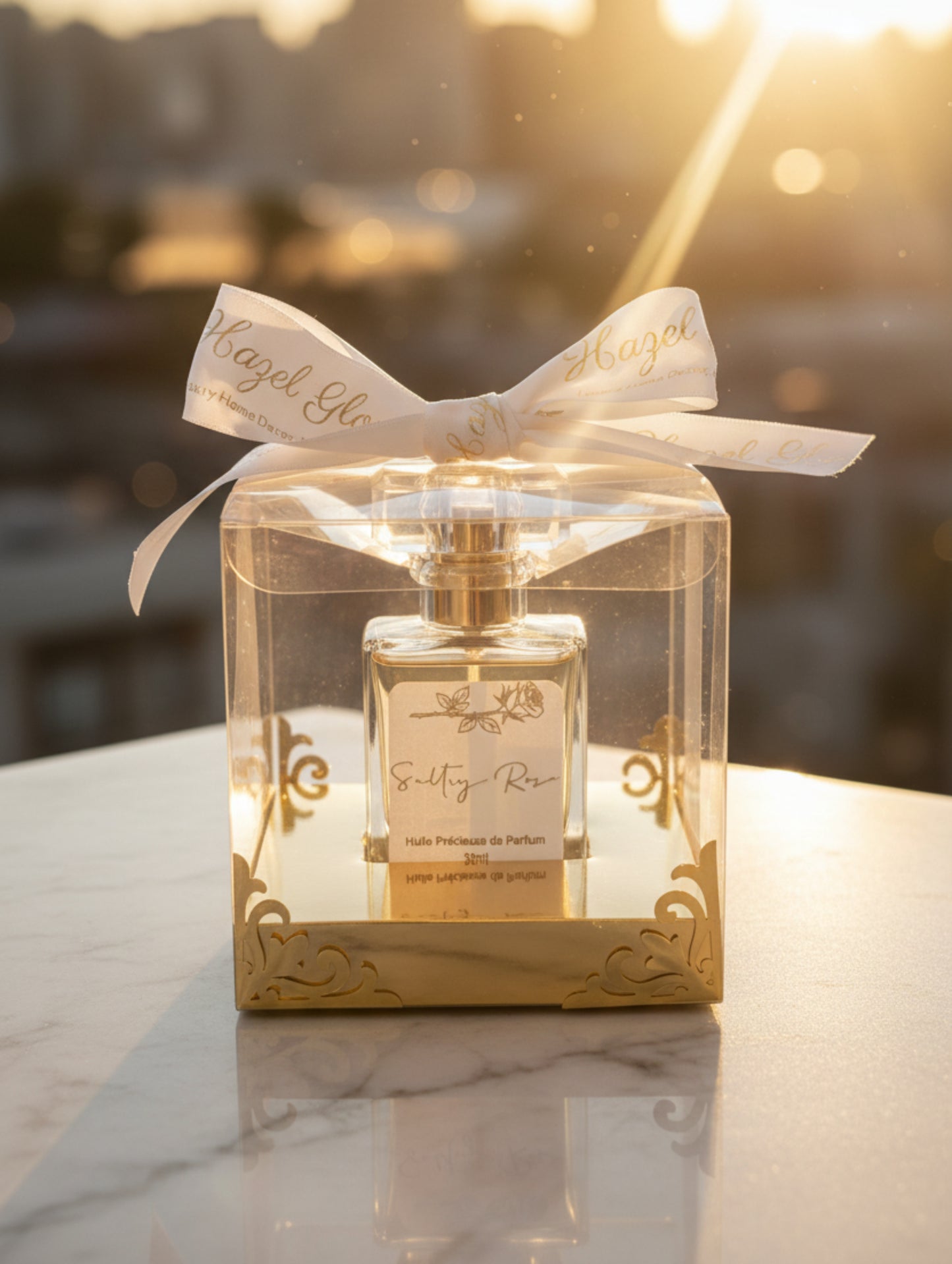 Sultry Rose Perfume oil in a clear box with a white ribbon on a marble surface