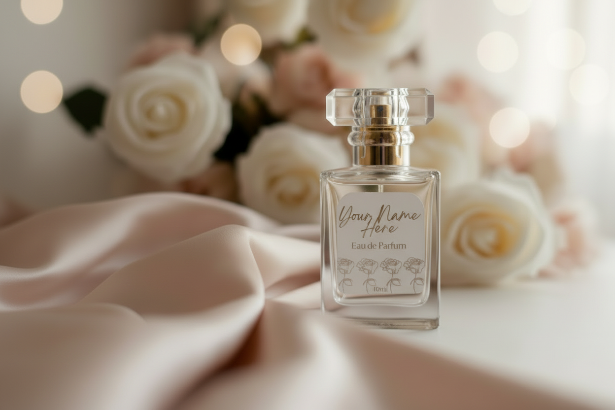 Personalised Perfume bottle with a customizable label against a soft floral background by Hazel Glow