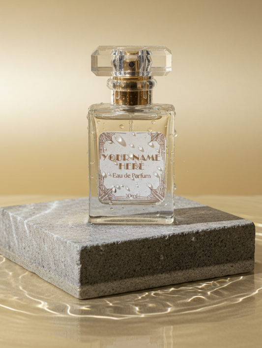 Personalised perfume bottle with gold cap and customizable art deco style  label 