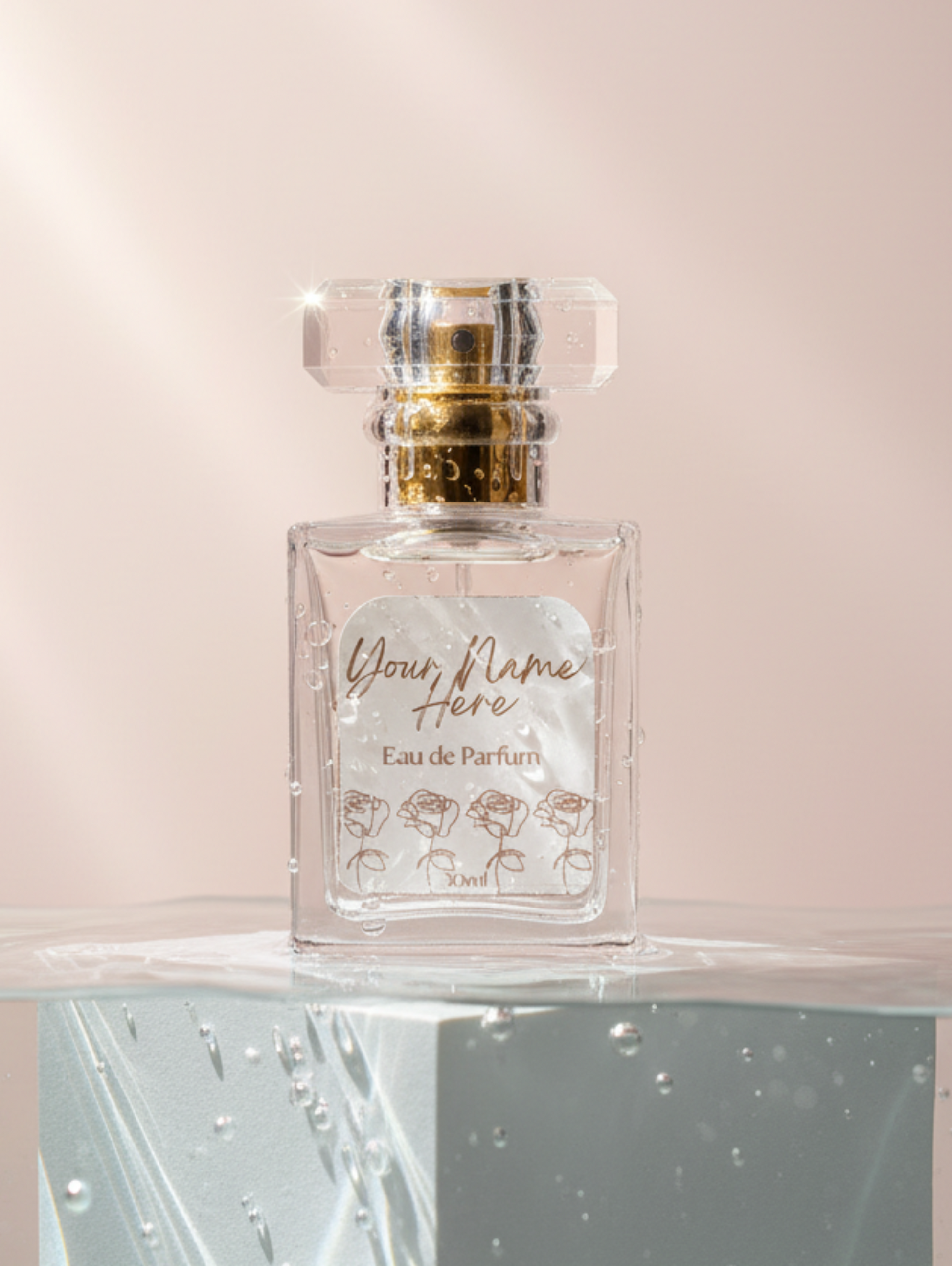 Perfume bottle labeled 'Doux Flame Here' on a reflective surface with a soft pink background