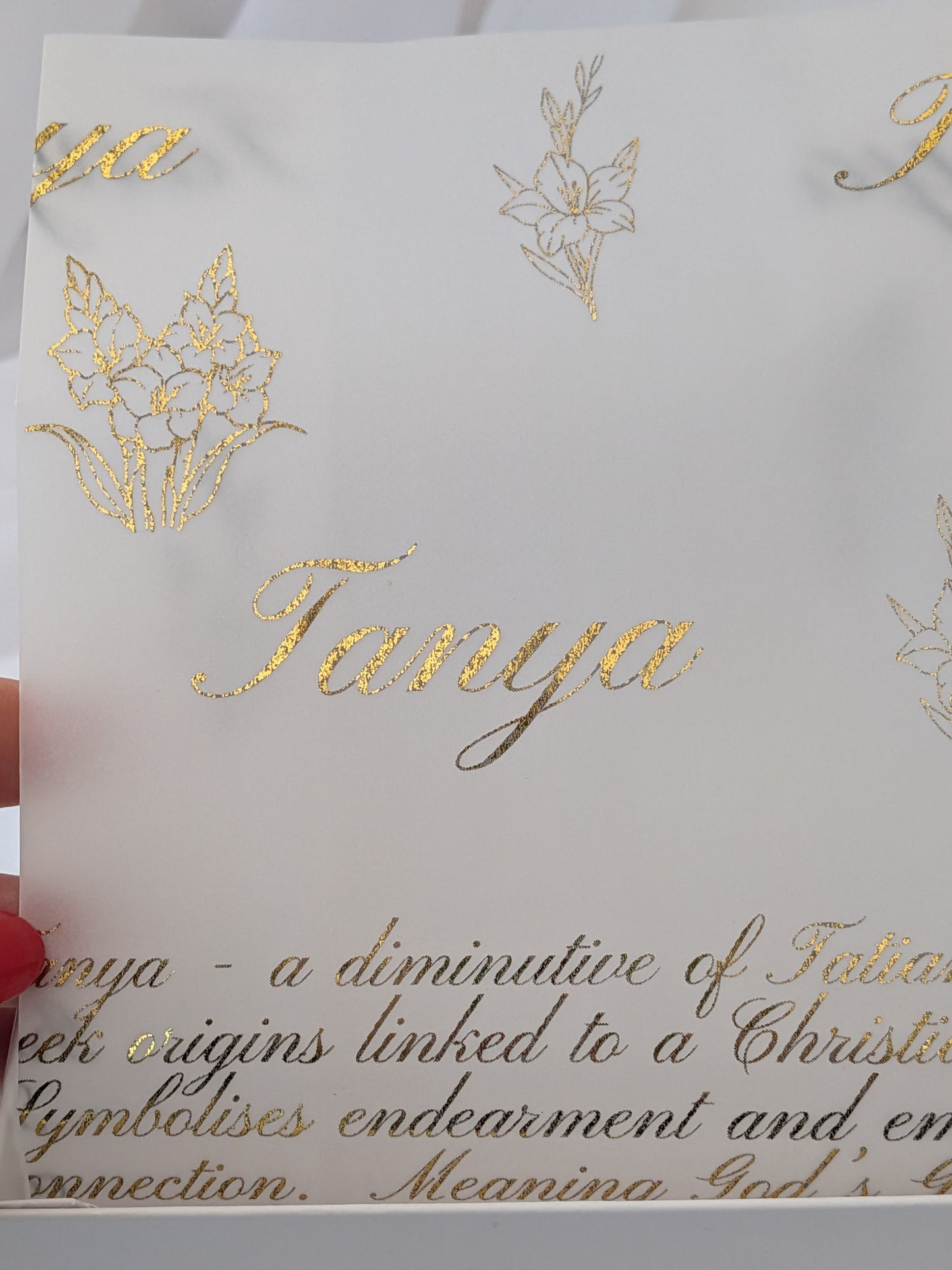 luxury foiled vellum insert featuring name, name meaning, birth flower 