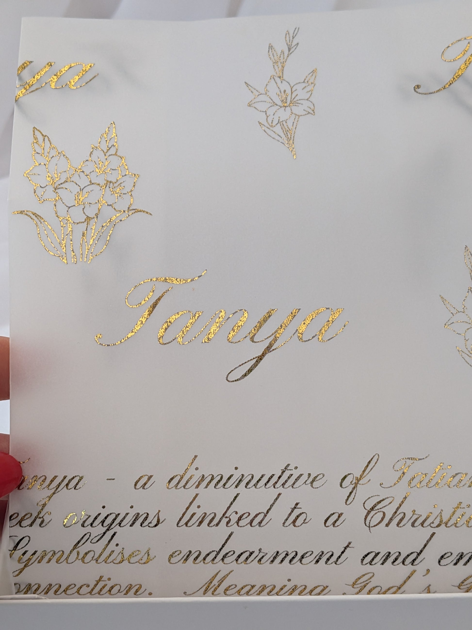 luxury foiled vellum insert featuring name, name meaning, birth flower 