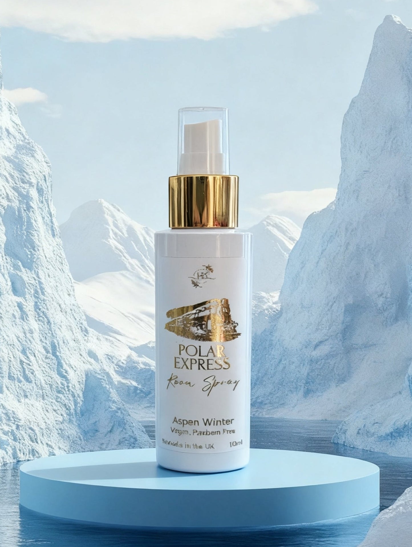 Polar Express Festive Room Spray from Hazel Glow in Aspen Winter Fragrance.  Against a backdrop of snowy mountains