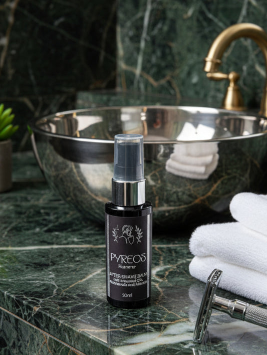 Post shave balm for men by Hazel Glow.  Pyreos botanical after shave balm with niacinamide and allantoin.