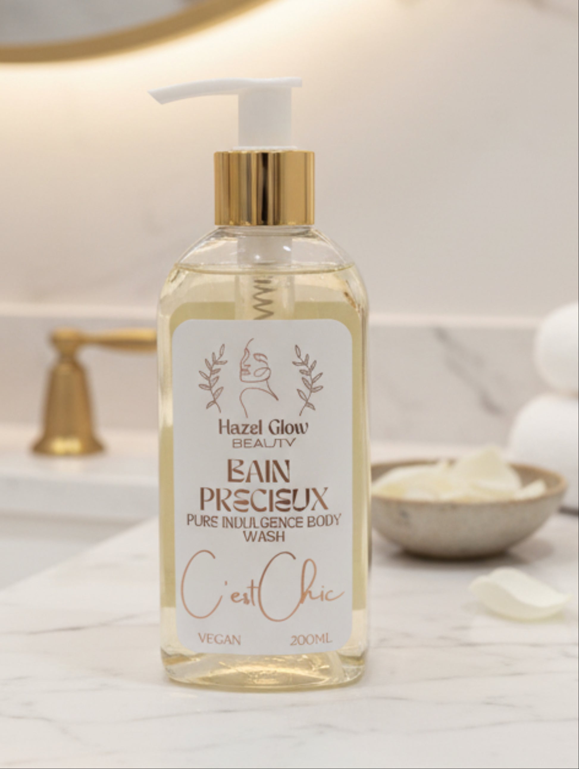luxury body wash C'est Chic by Hazel Glow.  200ml pump bottle in a luxury bathroom