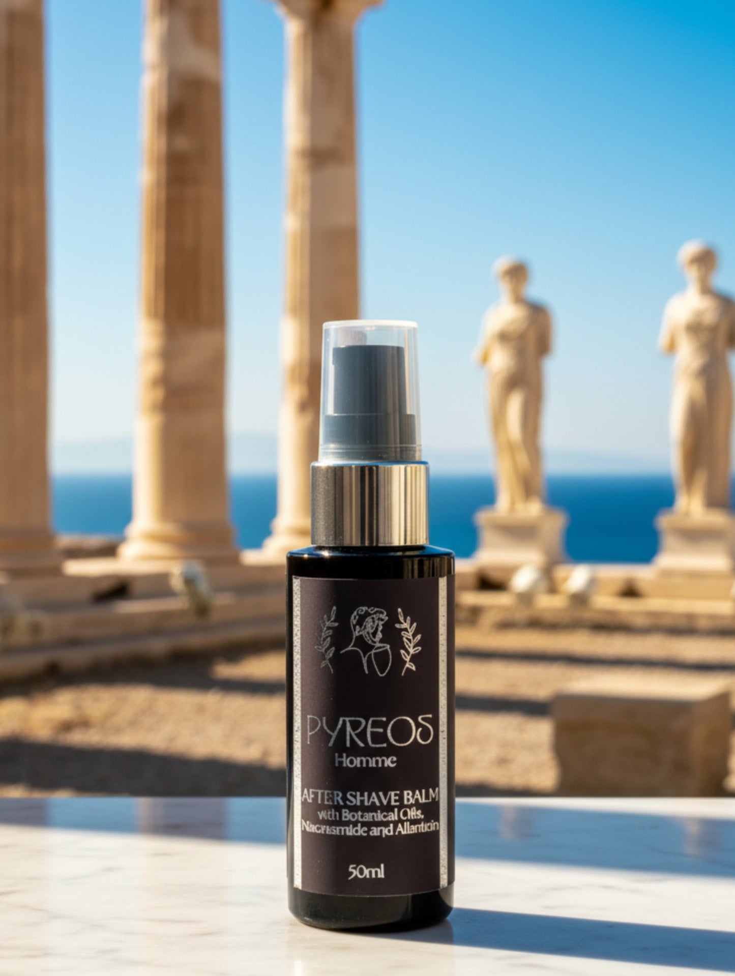 after shave balm for men with botanical oils, niacinamide and allantoin.  In Pyreos fragrance by Hazel Glow