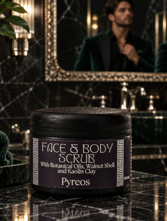 Pyreos Face and Body Scrub for men with walnut shell and botanical oils.  
