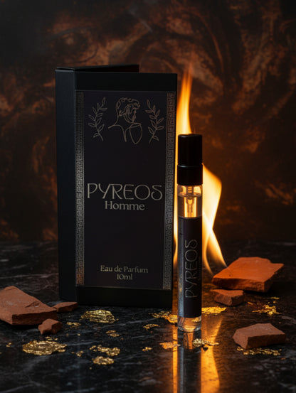 Men's fragrance Pyreos by Hazel Glow.  10ml Mens travel size perfume in black box with silver foil design
