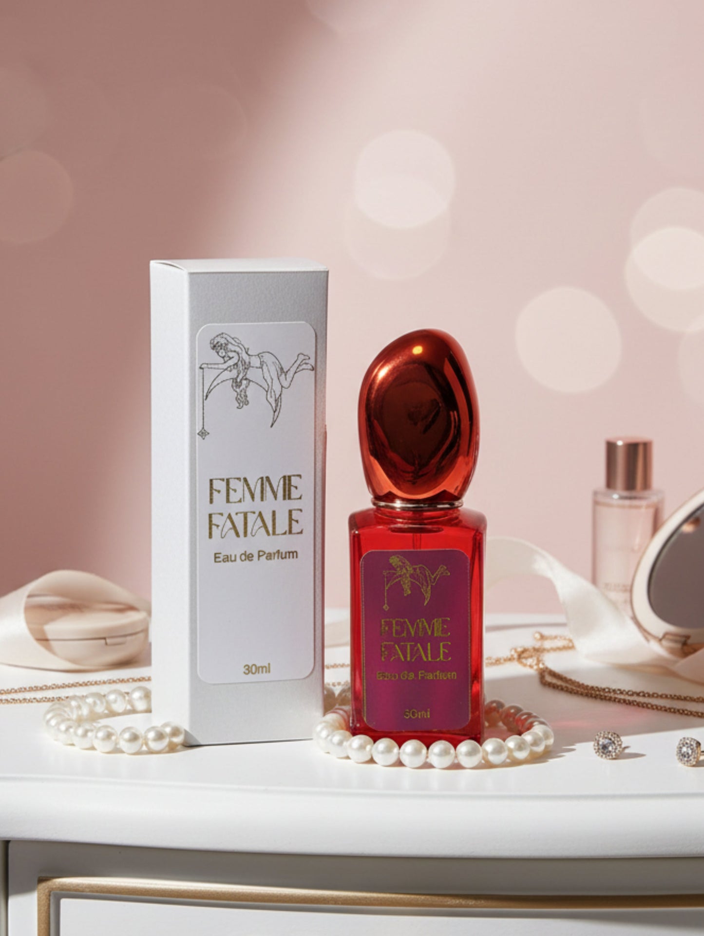 Femme Fatale refillable vegan eau de parfum by Hazel Glow on a white ornate dressing table