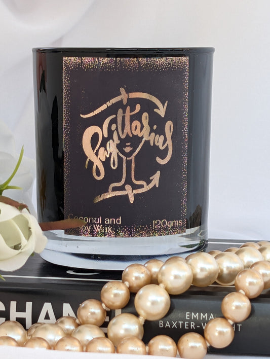 Sagittarius black and gold candle by Hazel Glow