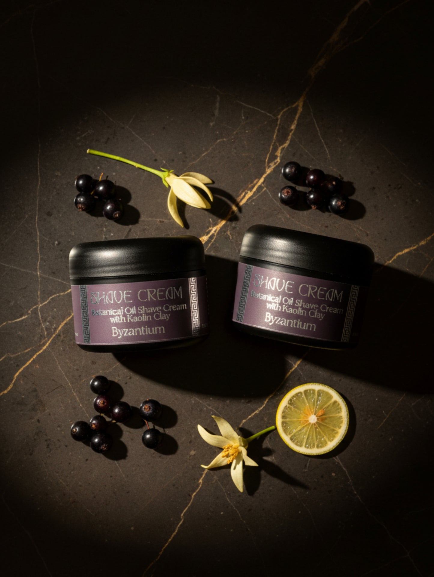 Byzantium shave cream 100ml in black jar with black and silver label.