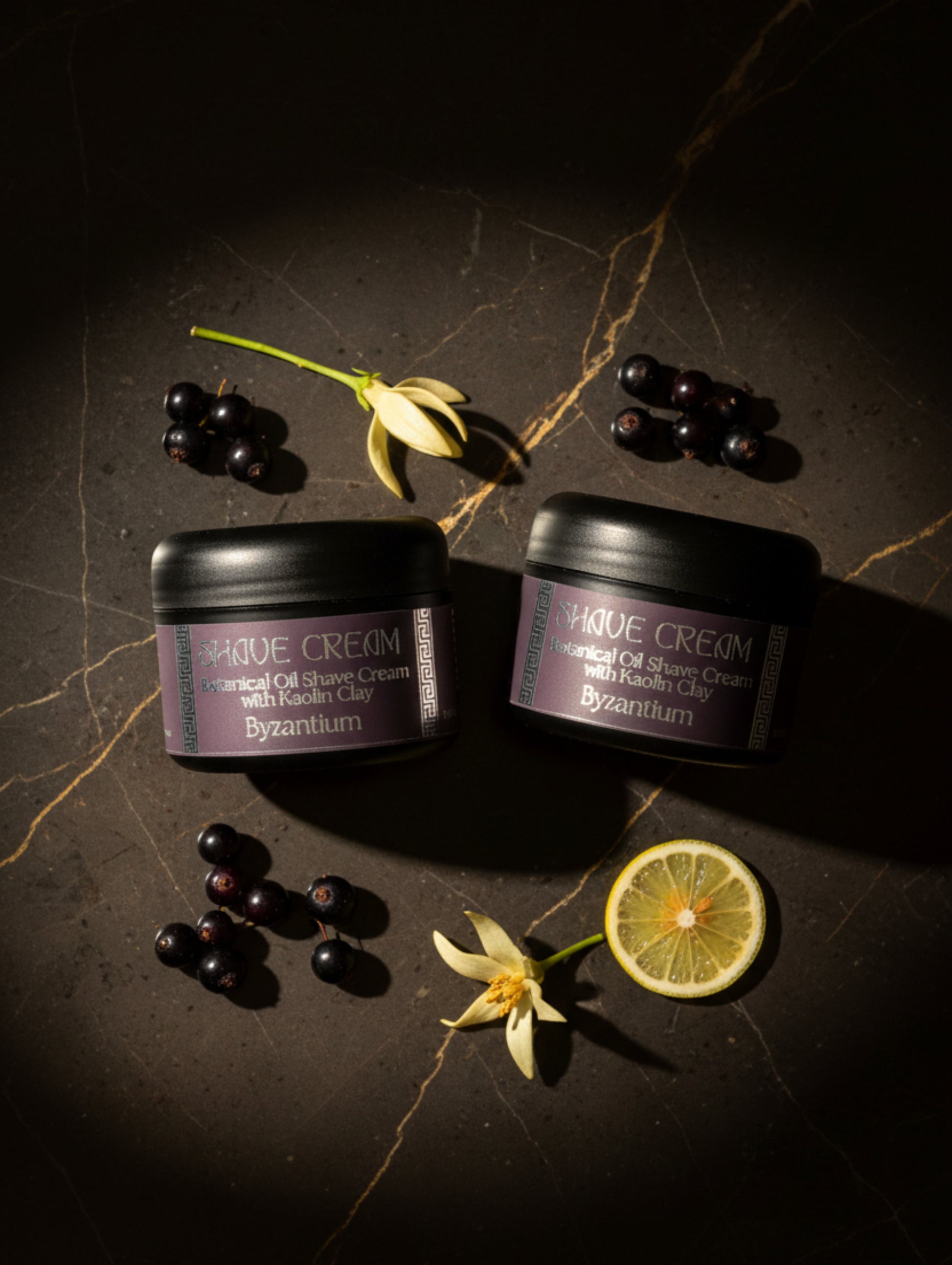 Byzantium shave cream 100ml in black jar with black and silver label.