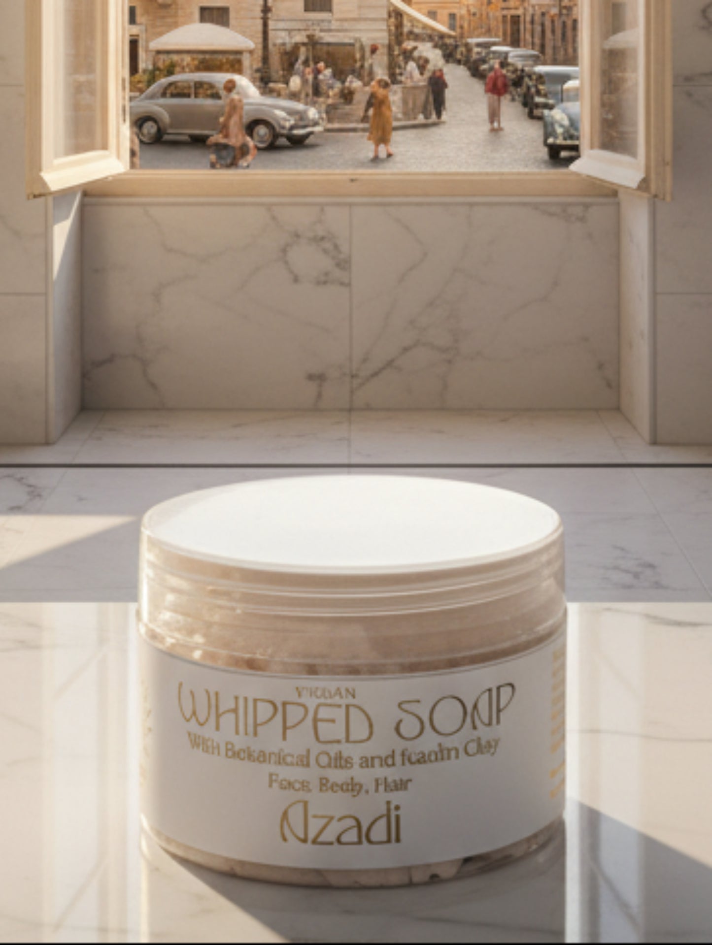 Jar of vegan whipped soap with botanical oils and kaolin clay in Azadi fragrance by Hazel Glow