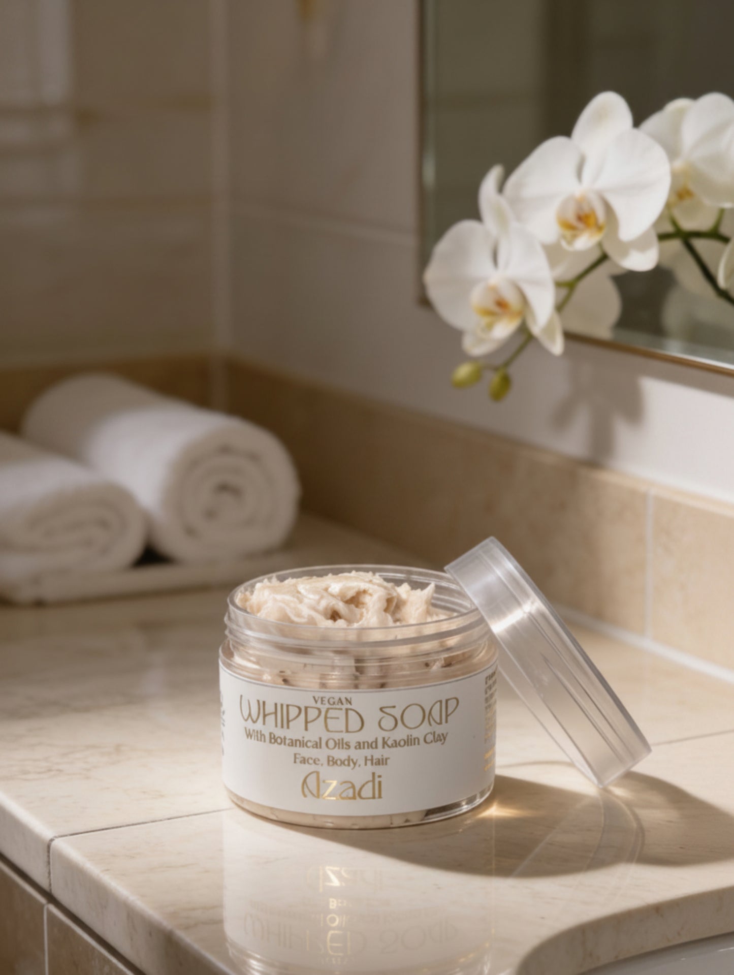 Jar of whipped soap , placed on a bathroom counter with orchids in the background.