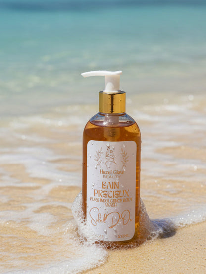 Luxury Body Wash Soleil D'or, paraben free handmade shower gel by Hazel Glow on a beach in the sea