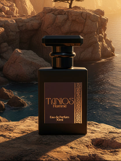 Tanios leather oriental perfume for men by Hazel Glow.  on a stone with sea in the background
