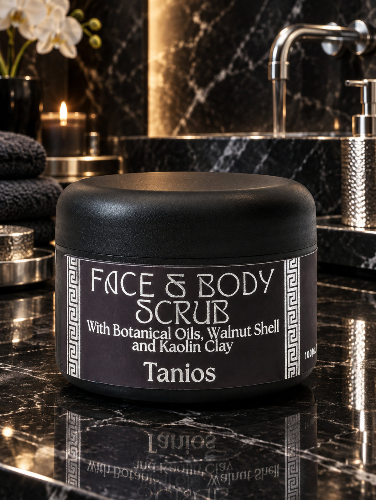Tanios Walnut Shell Face and Body Scrub for men on a black and silver marble bathroom worktop