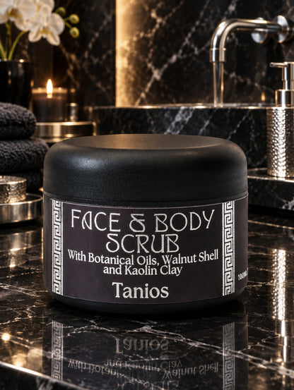 Tanios Walnut Shell Face and Body Scrub for men on a black and silver marble bathroom worktop