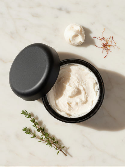 Tanios luxury shave cream for men by Hazel Glow.  Open jar showing product inside