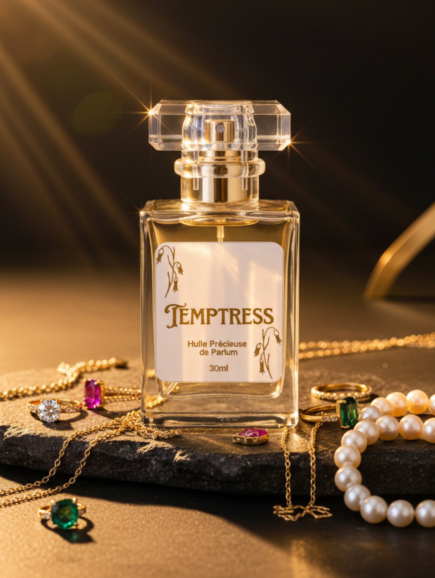 Vegan Perfume Oil Temptress by Hazel Glow on stone plinth with jewels and pearls