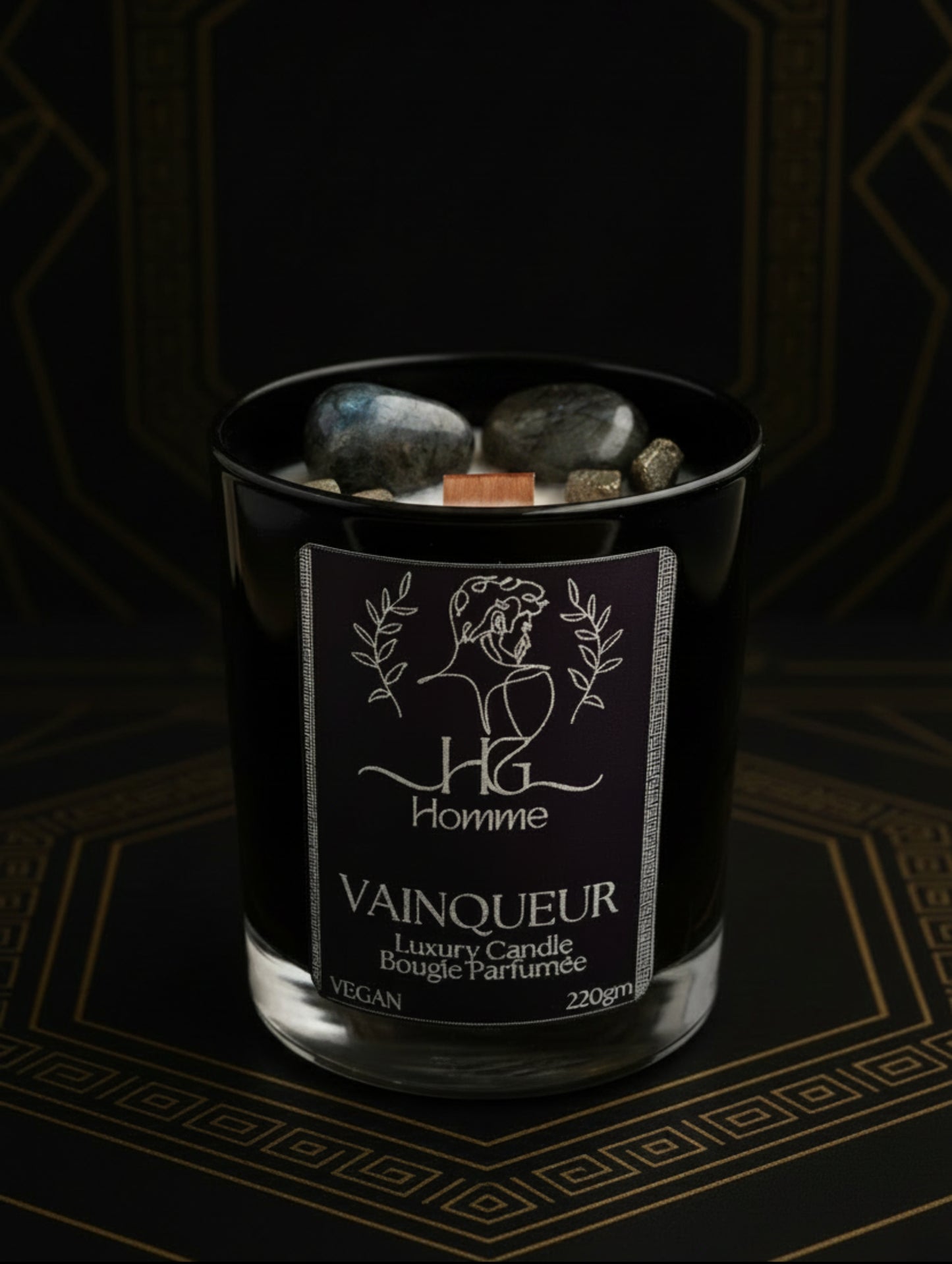 Black Cyrstal Candle for Men with Labadorite, Moss Agate and Pyrite, Father Day Gift Idea