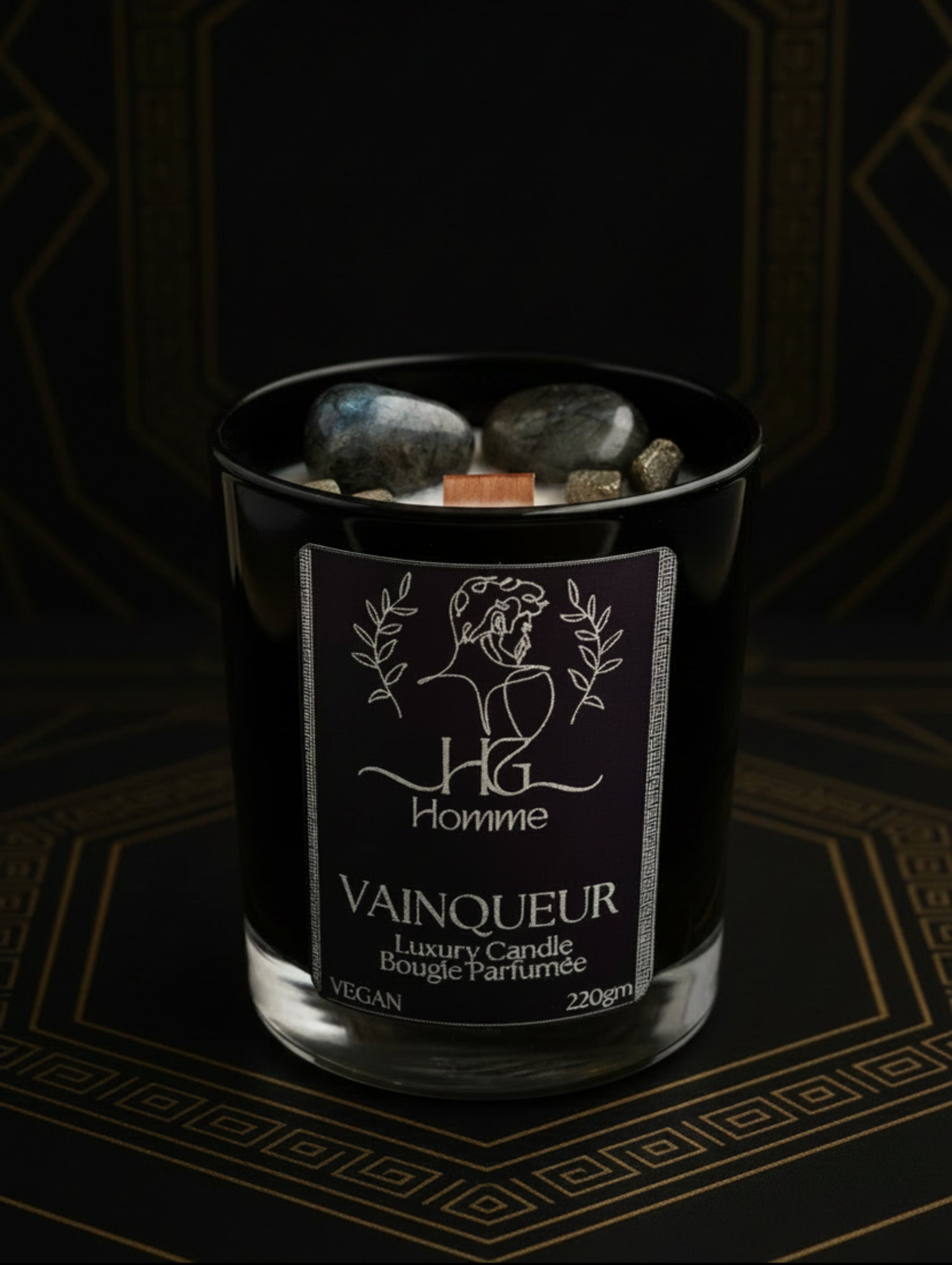 Black Cyrstal Candle for Men with Labadorite, Moss Agate and Pyrite, Father Day Gift Idea