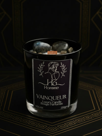 Black Cyrstal Candle for Men with Labadorite, Moss Agate and Pyrite, Father Day Gift Idea