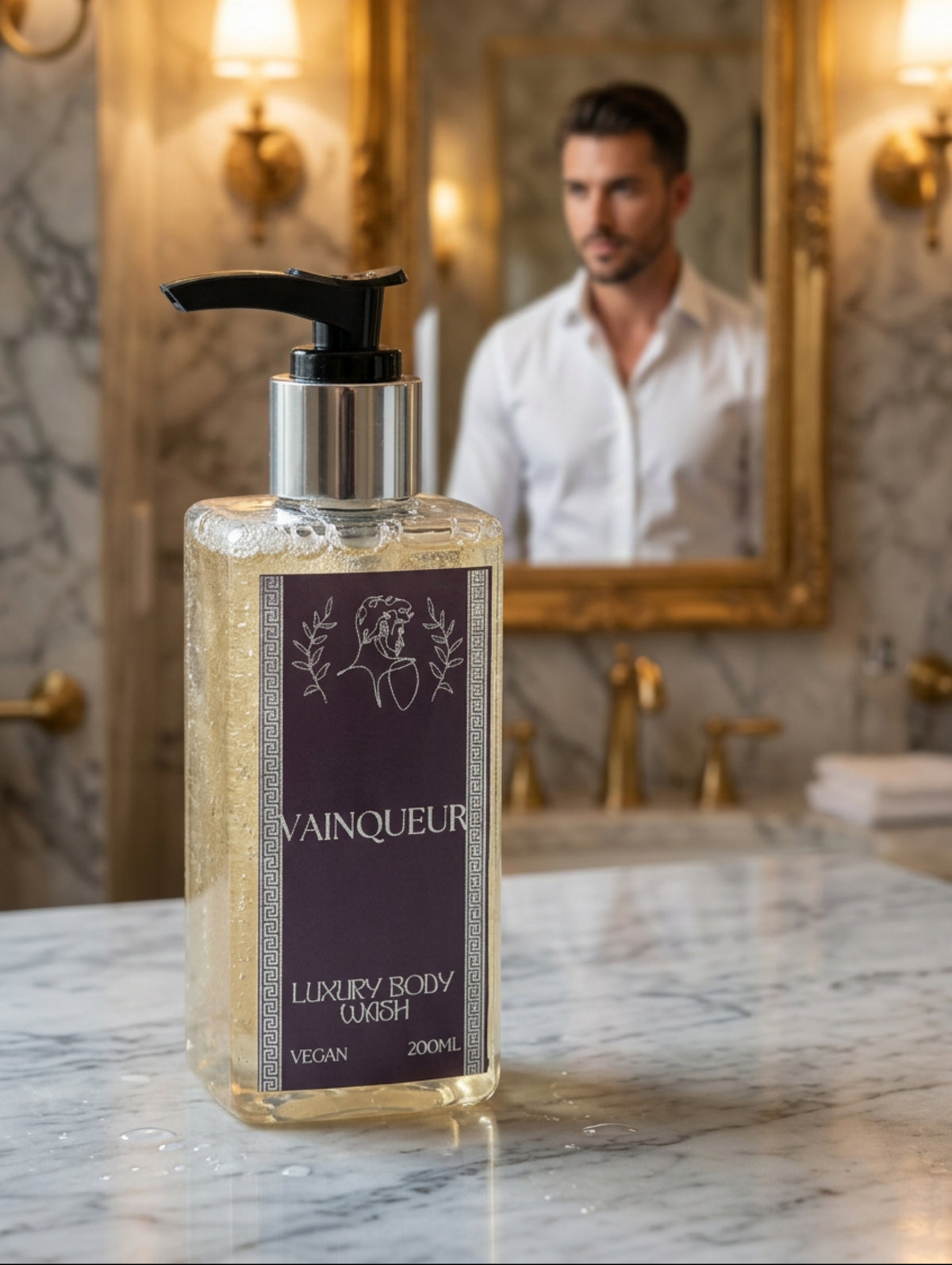 A 200ml bottle of Vainqueur Luxury Men's Shower Gel, a black pump dispenser and a silver collar, with a black and silver foil label, on a grey and white marble worktop