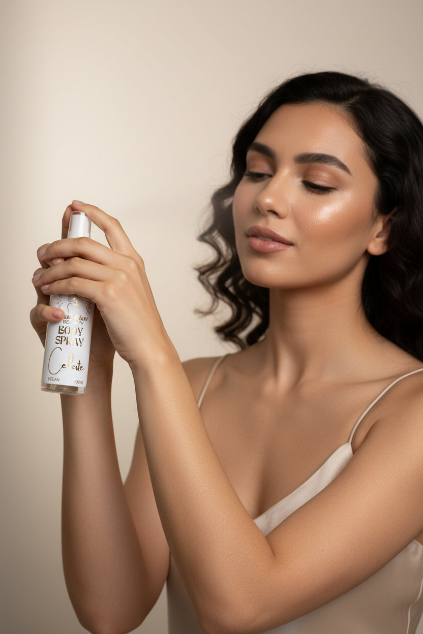 Young girl holding Celeste vegan body spray by Hazel Glow