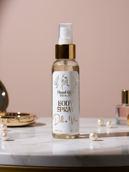 Body spray bottle with 'Hazel Glow Beauty' label on a plain background