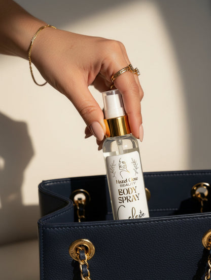 Vegan Body Spray Celeste by Hazel Glow - woman taking the bottle out of her bag