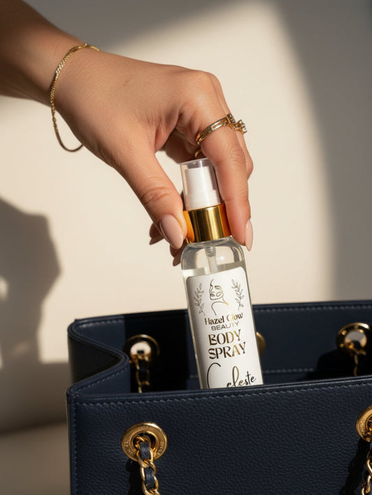 Vegan Body Spray Celeste by Hazel Glow - woman taking the bottle out of her bag