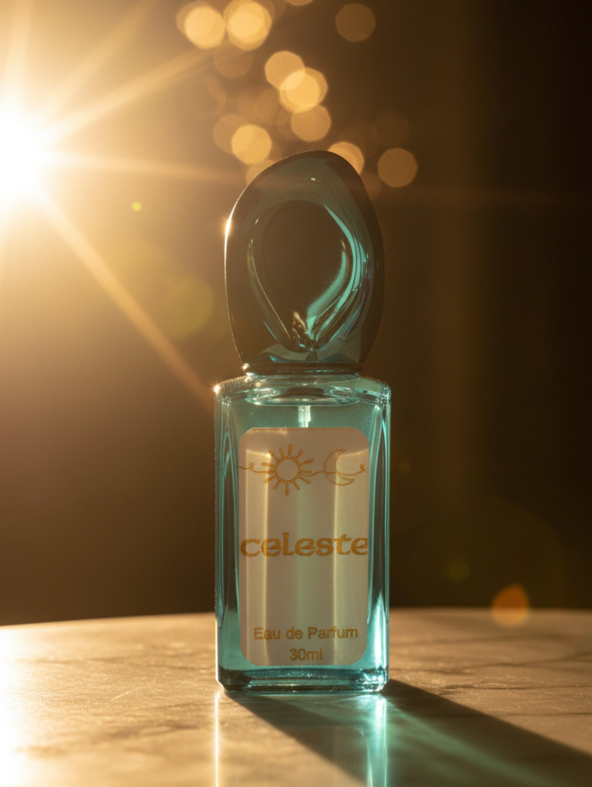 Vegan perfume Celeste by Hazel Glow in a turquoise bottle with sculptural metallic cap