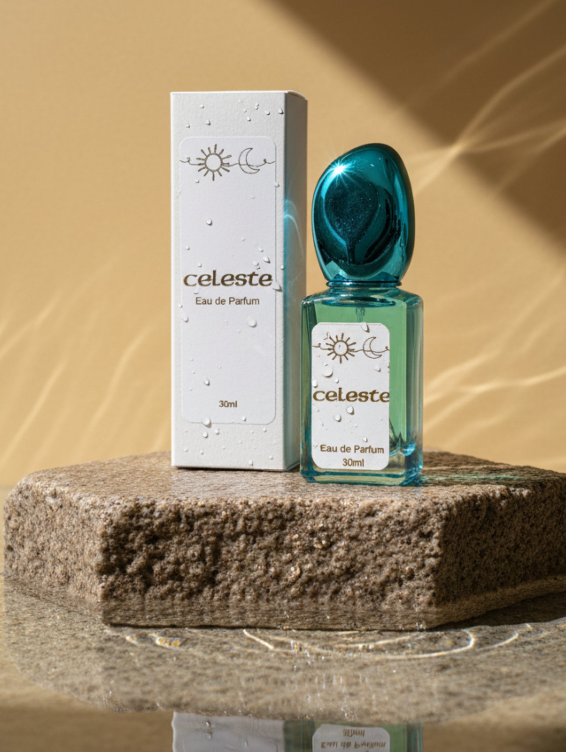 Vegan perfume, Celeste by Hazel Glow on a stone plinth in water