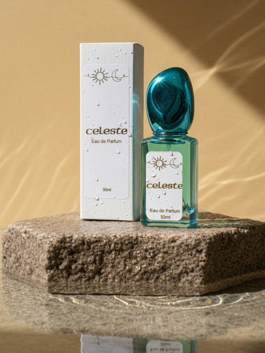 Vegan perfume, Celeste by Hazel Glow on a stone plinth in water