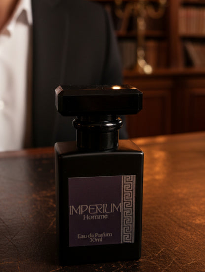 Imperium men's perfume by Hazel Glow.  30ml vegan men's fragrance in  black matte glass bottle with black label and silver foil detail.